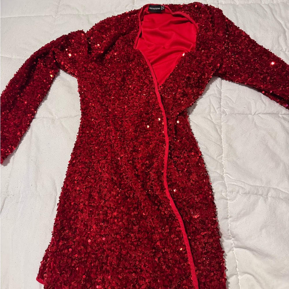 PrettyLittleThing Red Sequin Long Sleeve Dress